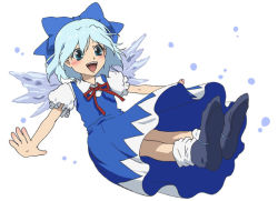 Rule 34 | 1girl, bad id, bad pixiv id, blue eyes, blue hair, bow, cirno, dress, embodiment of scarlet devil, female focus, full body, hair bow, happy, matching hair/eyes, open mouth, shoes, short hair, simple background, socks, solo, touhou, umishima senbon, white background, wings