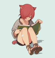 Rule 34 | 1boy, aged down, animal ears, bandaid, bandaid on leg, black shorts, blouse, blue eyes, book, cat ears, cat tail, child, collarbone, feet, ffxivys, final fantasy, final fantasy xiv, g&#039;raha tia, grey shirt, hair over one eye, hands up, holding, holding book, long sleeves, looking away, male focus, miqo&#039;te, one eye covered, open book, reading, red hair, sandals, shadow, shirt, shoe soles, short hair, shorts, simple background, sitting, solo, solo focus, tail, toes