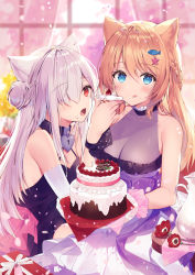 Rule 34 | 2girls, :q, animal ears, arm warmers, bare shoulders, black dress, blonde hair, blue eyes, blurry, box, braid, breasts, cake, cat ears, cleavage, collar, depth of field, dress, flower, food, gift, gift box, hair bun, hair ornament, hair over one eye, halterneck, heart-shaped lock, highres, long hair, looking at viewer, medium breasts, multiple girls, necomi, open mouth, original, pitcher (container), purple dress, red eyes, red flower, rose, silver hair, single hair bun, sleeveless, sleeveless dress, small breasts, tongue, tongue out