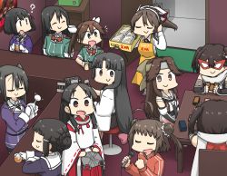 Rule 34 | 6+girls, ?, ahoge, alternate costume, antenna hair, apron, ashigara (kancolle), bar (place), black hair, brown eyes, card, chikuma (kancolle), closed eyes, creator connection, cup, detached sleeves, door, double bun, elbow gloves, food, gloves, haguro (kancolle), hair between eyes, hair bun, hair ornament, hair ribbon, hairband, hairclip, hamu koutarou, headband, headgear, highres, holding, holding microphone, jacket, japanese clothes, jintsuu (kancolle), kantai collection, long hair, long sleeves, low-tied long hair, mask, microphone, multiple girls, myoukou (kancolle), nachi (kancolle), naka (kancolle), nisshin (kancolle), open mouth, red jacket, red neckwear, ribbon, ribbon-trimmed sleeves, ribbon trim, scarf, sendai (kancolle), short hair, shouhou (kancolle), sidelocks, sitting, smile, stool, table, tone (kancolle), track jacket, twintails, two side up, white gloves, wide sleeves, yellow apron