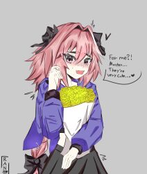 absurdres astolfo_(fate) blush braid fang fate/apocrypha fate/grand_order fate_(series) flower hair_ribbon highres jacket long_hair pink_eyes pink_hair ran_sk ribbon simple_background sketch skirt trap yellow_flower