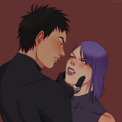 Rule 34 | 1boy, 1girl, amusl02, annoyed, black gloves, black hair, clenched teeth, gloves, hand on another&#039;s cheek, hand on another&#039;s face, height difference, highres, jewelry, konan (naruto), labret piercing, lipstick, looking at another, makeup, naruto (series), naruto shippuuden, orange eyes, purple hair, purple lips, ring, scar, scar on face, short hair, teeth, uchiha obito, upper body