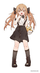 Rule 34 | 1girl, aged down, ankle boots, artist name, bag, black bow, black footwear, black skirt, black socks, boots, bow, bright pupils, brown eyes, brown hair, character request, collared shirt, cross-laced footwear, full body, girls&#039; frontline, hair bow, hand up, highres, index finger raised, long hair, looking at viewer, mountain han, official alternate costume, open mouth, pigeon-toed, shirt, simple background, skirt, socks, solo, suspender skirt, suspenders, twintails, ump9 (shiba investigator) (girls&#039; frontline), white background, white shirt