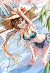 Rule 34 | 1girl, :d, absurdres, amiya (arknights), arknights, arm up, armpits, bare arms, bikini, bikini top only, black bikini, blurry, blurry foreground, breasts, brown hair, cleavage, floating hair, green eyes, grey skirt, hair between eyes, hand on own knee, hat, highres, kd (kdh45689), lens flare, long hair, looking at viewer, medium breasts, miniskirt, open mouth, plaid, plaid skirt, pleated skirt, rabbit girl, sideboob, skirt, smile, solo, straw hat, sun hat, swimsuit, very long hair, wading, yellow hat