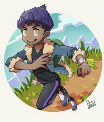 Rule 34 | 1boy, bag, black pants, black shirt, blue jacket, bo9 (bo9 nc), bright pupils, commentary request, creatures (company), dark-skinned male, dark skin, dated, duffel bag, full body, fur-trimmed jacket, fur trim, game freak, grass, green bag, holding, holding poke ball, hop (pokemon), jacket, leg up, male focus, nintendo, open clothes, open jacket, open mouth, pants, poke ball, poke ball (basic), pokemon, pokemon swsh, purple hair, shirt, shoes, short hair, sleeves past elbows, smile, solo, standing, standing on one leg, teeth, tongue, white pupils, yellow eyes