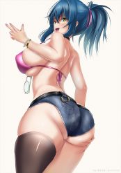 Rule 34 | 1girl, ass, ass grab, bare shoulders, bikini, bikini top only, blue hair, blush, breasts, come hither, deep skin, denim, denim shorts, fingernails, from behind, green eyes, huge ass, huge breasts, leona heidern, long hair, looking at viewer, looking back, open mouth, original, ponytail, rikadoh, shiny clothes, shiny skin, short shorts, shorts, sideboob, single thighhigh, smile, solo, swimsuit, thighhighs