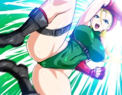 Rule 34 | 1girl, blonde hair, blue eyes, boots, breasts, cammy white, dynamic pose, image sample, leotard, okyou, open mouth, street fighter, twitter sample