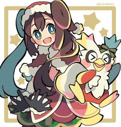Rule 34 | 1girl, :d, aqua eyes, bad id, bad twitter id, blush stickers, bright pupils, brown hair, capelet, commentary request, creatures (company), delibird, double bun, dress, fur-trimmed capelet, fur trim, game freak, gen 2 pokemon, gloves, hair bun, hat, highres, kokashiho, long hair, looking at viewer, nintendo, official alternate costume, open mouth, pokemon, pokemon (creature), pokemon masters ex, red capelet, red headwear, rosa (holiday 2019) (pokemon), rosa (pokemon), santa hat, smile, spread fingers, star (symbol), teeth, twintails, twitter username, upper teeth only, white pupils