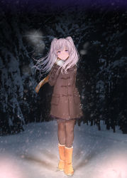 Rule 34 | 1girl, absurdres, black coat, blush, boots, brown pantyhose, closed mouth, coat, duffel coat, full body, fur trim, gloves, highres, idolmaster, idolmaster shiny colors, interstellar, jewelry, long hair, long sleeves, looking at viewer, night, outdoors, pantyhose, pink hair, purple eyes, silver hair, snow, snowing, solo, standing, tree, twintails, two side up, winter, winter clothes, yukoku kiriko