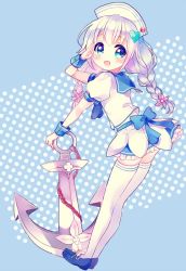 Rule 34 | 1girl, anchor, blue background, blue bow, blue eyes, blue footwear, bow, braid, flower knight girl, full body, hair ornament, hat, heart, heart hair ornament, houzuki michiru, ikarisou (flower knight girl), layered skirt, long hair, looking at viewer, sailor, salute, shoes, silver hair, skirt, smile, solo, thighhighs, twin braids, white hat, white skirt, white thighhighs