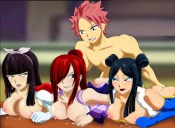 Rule 34 | 1boy, 3girls, black hair, blunt bangs, blush, breasts, bwob, clothed female nude male, clothed sex, doggystyle, erza scarlet, eyeshadow, fairy tail, fingering, group sex, hair over one eye, hetero, kagura mikazuchi, large breasts, lipstick, long hair, makeup, minerva orlando, multiple girls, natsu dragneel, nipples, nude, pink hair, red hair, sex, sex from behind, smile