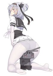 Rule 34 | + +, 1girl, ass, black panties, black sailor collar, blue eyes, blush, breasts, chou-10cm-hou-chan (suzutsuki&#039;s), closed mouth, commentary, elbow gloves, from behind, full body, gloves, hachimaki, hair ornament, headband, kantai collection, kneeling, large breasts, long hair, looking at viewer, looking back, nakadori (movgnsk), no shoes, one side up, panties, panties under pantyhose, pantyhose, pleated skirt, profile, sailor collar, school uniform, serafuku, shirt, short sleeves, sidelocks, silver hair, simple background, sitting, sitting on object, skirt, solo, suzutsuki (kancolle), turret, underwear, white background, white gloves, white pantyhose, white shirt, white skirt