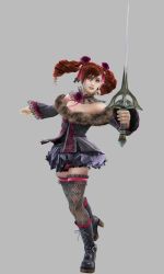 Rule 34 | 1girl, 3d, amy sorel, bare shoulders, boots, choker, detached sleeves, dress, drill hair, fishnet thighhighs, fishnets, flat chest, flower, fur, fur trim, gothic lolita, highres, jpeg artifacts, lace, lolita fashion, official art, rapier, red eyes, red hair, rose, short twintails, solo, soul calibur, soulcalibur, soulcalibur iv, sword, thighhighs, twintails, weapon
