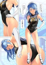 Rule 34 | 1girl, alternate costume, bent over, beret, black one-piece swimsuit, blue eyes, blue hair, blue sailor collar, blurry, blurry background, breasts, commentary request, competition swimsuit, contrapposto, covered navel, double bun, elbow gloves, frown, gloves, hair bun, hand on own hip, hand on own ass, hat, highleg, highleg swimsuit, highres, indoors, kantai collection, large breasts, looking at viewer, multiple views, neckerchief, one-piece swimsuit, poolside, sailor collar, speech bubble, swimsuit, translation request, urakaze (kancolle), wa (genryusui), white gloves, white headwear, yellow neckerchief