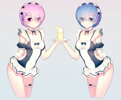 Rule 34 | 10s, 2girls, :d, adapted costume, arm behind back, bare arms, black bow, black ribbon, blue eyes, blue hair, blush, bow, breasts, bridal garter, choker, cleavage, clothing cutout, cropped legs, cup, detached sleeves, drinking glass, eyebrows, eyes visible through hair, food, frills, fruit, gradient background, grey background, hair ornament, hair over one eye, hairband, highres, leaning forward, lemon, lemon slice, lemonade, looking at viewer, maid, maid one-piece swimsuit, medium breasts, multiple girls, one-piece swimsuit, open mouth, pink eyes, pink hair, pink ribbon, plate, puffy sleeves, purple ribbon, qiongsheng, ram (re:zero), re:zero kara hajimeru isekai seikatsu, rem (re:zero), ribbon, saucer, short hair, short sleeves, siblings, side cutout, sisters, skin tight, smile, swimsuit, thigh strap, twins, unconventional maid, x hair ornament