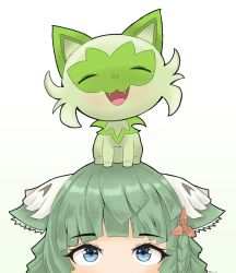Rule 34 | 1other, animal ears, blue eyes, blunz, blush, braid, cat ears, creatures (company), crossover, fangs, game freak, gradient background, green hair, highres, juniper (xenoblade), nintendo, on head, other focus, pokemon, pokemon (creature), pokemon on head, sprigatito, twitter username, xenoblade chronicles (series), xenoblade chronicles 3