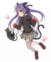 Rule 34 | 1girl, bad id, bad pixiv id, blue eyes, cat, from behind, kuro (little busters), little busters!, long hair, looking back, purple hair, sasasegawa sasami, school uniform, thighhighs, twintails, two side up, ura (ura-tennislove)