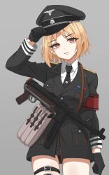 1girl absurdres ammunition_pouch armband black_gloves black_jacket black_necktie black_skirt blonde_hair brown_eyes closed_mouth collared_shirt girls&#039;_frontline gloves grey_background gun hat highres holster jacket looking_at_viewer margin_0825 military_uniform mp40 mp40_(girls&#039;_frontline) nazi necktie peaked_cap pouch red_armband shirt short_hair simple_background skindentation skirt solo straight-on submachine_gun thigh_strap totenkopf weapon white_shirt