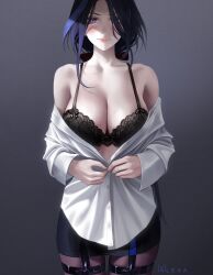 Rule 34 | 1girl, artist name, bare shoulders, black bra, black pantyhose, black skirt, blue hair, bra, breasts, cleavage, clorinde (genshin impact), closed mouth, commentary, dark blue hair, english commentary, genshin impact, high-waist skirt, highres, large breasts, light blush, lips, long hair, long sleeves, looking at viewer, low ponytail, m alexa, meme, off shoulder, pantyhose, partially unbuttoned, pencil skirt, purple eyes, shirt, skirt, solo, straight-on, thigh strap, underwear, undressing, white shirt