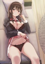 Rule 34 | 1girl, absurdres, between breasts, black bra, black panties, black shirt, bow, bra, braid, breasts, brown hair, closed mouth, clothes lift, commentary request, couch, crown braid, dress shirt, from above, hair bow, highres, indoors, jim (mzkp3433), kono subarashii sekai ni shukufuku wo!, large breasts, lifted by self, light blush, long sleeves, looking at viewer, low twintails, lying, medium hair, navel, necktie, necktie between breasts, on back, on couch, panties, partially unbuttoned, pink necktie, pink skirt, playing with own hair, red bow, red eyes, shirt, short necktie, skirt, skirt lift, solo, twintails, underwear, yunyun (konosuba)
