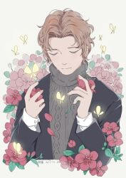 Rule 34 | 1boy, bajiang, brown hair, bug, butterfly, closed eyes, commentary, dated, facing viewer, flower, grey sweater, holding, holding flower, insect, long sleeves, male focus, original, petals, red flower, solo, sweater, turtleneck, turtleneck sweater, upper body, yellow butterfly