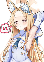 Rule 34 | 1girl, absurdres, animal ear fluff, animal ears, armpits, blonde hair, blue archive, blue necktie, blush, bow, buttons, closed mouth, detached sleeves, dress, flat chest, flower, forehead, gradient eyes, hair flower, hair ornament, halo, highres, kuromiz, long hair, looking at viewer, multicolored eyes, necktie, orange bow, parted bangs, pink eyes, sailor collar, seia (blue archive), short necktie, simple background, sleeve bow, solo, spoken blush, sweat, upper body, white bow, white dress, white sailor collar, yellow eyes