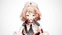 Rule 34 | 1girl, apron, black gloves, black necktie, blood, blood in hair, blood on clothes, blood on face, blood splatter, braid, brown eyes, brown hair, commentary, cross, gloves, hands up, hat, highres, kurotero, long sleeves, looking at viewer, necktie, nurse cap, nurse robot type t, puffy long sleeves, puffy sleeves, red cross, shirt, short hair, shoulder strap, side braids, simple background, smile, solo, straight-on, upper body, utau, white apron, white background, white shirt