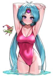 Rule 34 | 1girl, absurdres, aqua hair, arm behind head, arms up, breasts, character request, circlet, commentary request, commission, competition swimsuit, covered navel, creature, haou taikei ryuu knight, highleg, highleg swimsuit, highres, long hair, medium breasts, nanja, one-piece swimsuit, paffy pafuricia, pink one-piece swimsuit, purple eyes, simple background, swimsuit, white background