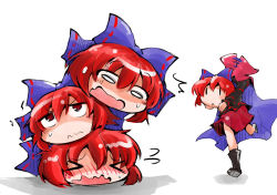Rule 34 | &gt; &lt;, 1girl, :&lt;, bow, cape, closed eyes, disembodied head, hair bow, headless, open mouth, red eyes, red hair, sekibanki, severed head, shinapuu, shirt, simple background, skirt, solo, stacking, touhou, wavy mouth, white background, | |