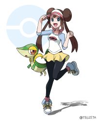 Rule 34 | 1girl, :d, absurdres, black pantyhose, blue eyes, bow, breasts, brown hair, commentary request, creatures (company), double bun, game freak, gen 5 pokemon, hair bun, hand on headwear, highres, leg up, long hair, nintendo, open mouth, pantyhose, pantyhose under shorts, pink bow, pokemon, pokemon (creature), pokemon bw2, raglan sleeves, rosa (pokemon), shirt, shoes, short shorts, shorts, smile, sneakers, snivy, standing, standing on one leg, tellzeta, tongue, twintails, visor cap, yellow shorts