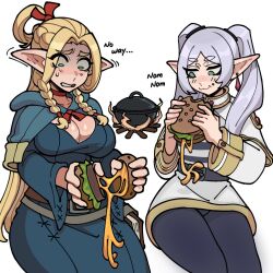 Rule 34 | 2girls, artist request, blue capelet, blue robe, burger, capelet, crossover, cut bangs, dangle earrings, detached hood, drop earrings, dungeon meshi, earrings, eating, elf, food, frieren, hair around ear, highres, jewelry, marcille donato, multiple girls, pointy ears, robe, shirt, sousou no frieren, striped clothes, striped shirt, white capelet