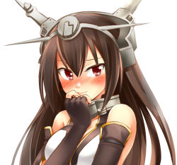 Rule 34 | 10s, 1girl, black hair, blush, breasts, brown hair, covering own mouth, elbow gloves, face, fingerless gloves, gloves, hairband, hand over own mouth, headgear, highres, kantai collection, kore, kore (korewa13th), long hair, looking at viewer, nagato (kancolle), personification, red eyes, smile, solo