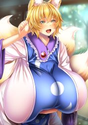 Rule 34 | 1girl, animal ear fluff, animal ears, blonde hair, blue tabard, blurry, blurry background, breast hold, breasts, commentary request, dress, fang, fox ears, fox tail, gigantic breasts, highres, indoors, long sleeves, medium hair, multiple tails, open mouth, solo, tabard, tail, tatami, teeth, tongue, touhou, upper teeth only, white dress, wide sleeves, wildcat (kusonemi), yakumo ran, yellow eyes