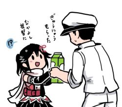 Rule 34 | !?, 1boy, 1girl, :d, admiral (kancolle), black hair, blush, commentary request, from behind, hat, kantai collection, looking at another, lowres, open mouth, peaked cap, remodel (kantai collection), scarf, sendai (kancolle), side ponytail, simple background, sleeves rolled up, smile, solid oval eyes, terrajin, translation request, white background