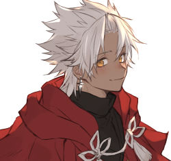 Rule 34 | 1boy, amakusa shirou (fate), blush, cape, closed mouth, dark-skinned male, dark skin, earrings, fate/apocrypha, fate/grand order, fate (series), highres, jewelry, looking at viewer, male focus, parted bangs, priest, red cape, short hair, simple background, smile, solo, spiked hair, tassel, tofu (bean359), upper body, white background, white hair, yellow eyes