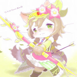 Rule 34 | 1girl, arrow (projectile), artemis (cat busters), artist request, bow (weapon), brown hair, cat, cat busters, flower, furry, green eyes, hair flower, hair ornament, head wreath, long hair, weapon