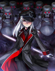 Rule 34 | 1girl, armor, cross, girl arms, girl arms war, glasses, gloves, hat, hat over one eye, helmet, highres, iron cross, long hair, looking at viewer, military, combat helmet, military uniform, monocle, nazi, one eye covered, original, peaked cap, red eyes, robot, solo, stahlhelm, sword, uniform, weapon, white gloves, white hair, world war ii, zeco