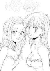 Rule 34 | 2girls, ban (nanatsu no taizai), blush, breasts, cleavage, closed mouth, collarbone, earrings, elaine, elaine (nanatsu no taizai), elizabeth liones, greyscale, grin, harumiya, jewelry, long hair, looking at viewer, medium breasts, meliodas, monochrome, multiple girls, nanatsu no taizai, simple background, sketch, small breasts, smile, straight hair, strapless, symbol-shaped pupils, upper body, white background