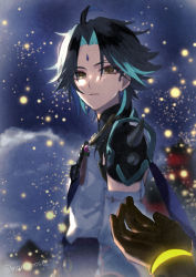 Rule 34 | 2boys, aether (genshin impact), ahoge, bead necklace, beads, black gloves, black hair, blurry, blurry background, cloud, detached sleeves, facial mark, forehead mark, from side, genshin impact, gloves, green hair, jewelry, light particles, long hair, maka (morphine), male focus, multicolored hair, multiple boys, necklace, outdoors, parted bangs, pov, shoulder pads, shoulder spikes, sky, slit pupils, solo focus, spikes, tassel, xiao (genshin impact), yellow eyes