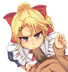 Rule 34 | 00s, 1boy, 1girl, :&gt;=, anger vein, angry, apron, arm grab, blonde hair, blue eyes, bow, clothed female nude male, dark-skinned male, dark skin, erection, fellatio, from above, glaring, hair bow, hetero, holding another&#039;s wrist, kamita, kannazuki megumi, looking at viewer, looking up, maid, male pubic hair, muteki kanban musume, nude, oral, penis, pov, pubic hair, red bow, ribbon, simple background, tearing up, tears, uncensored, veins, veiny penis, white apron, white background