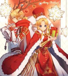 Rule 34 | 1boy, 1girl, antlers, blonde hair, blue eyes, box, cape, christmas, christmas ornaments, cowboy shot, dress, english text, fur trim, genderswap, genderswap (ftm), gift, gift box, hands up, horns, long hair, miri (cherryjelly), nintendo, parted bangs, pointy ears, princess zelda, red cape, red headwear, red tabard, sheik, small stellated dodecahedron, super smash bros., tabard, the legend of zelda, the legend of zelda: a link between worlds, the legend of zelda: ocarina of time, white dress
