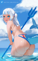 Rule 34 | 1girl, ass, atric18, bikini, blue bikini, blue eyes, blue hair, blue sky, blurry, breasts, cloud, commentary, depth of field, fins, fish tail, from behind, gawr gura, hair ornament, highres, holding, holding weapon, hololive, hololive english, leaning forward, long hair, looking at viewer, looking back, medium breasts, multicolored hair, open mouth, polearm, shark tail, sharp teeth, sky, solo, standing, streaked hair, swimsuit, tail, teeth, trident, twitter logo, twitter username, two-tone hair, two side up, virtual youtuber, wading, water, watermark, weapon, web address, wet, white hair