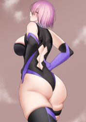 Rule 34 | 1girl, ass, asymmetrical legwear, back cutout, bare shoulders, black leotard, blush, breasts, closed eyes, clothing cutout, elbow gloves, fate/grand order, fate (series), gloves, gorio4288, hand on own hip, highres, large breasts, leotard, mash kyrielight, purple hair, short hair, skindentation, solo, steaming body, two-tone gloves, two-tone leotard