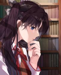 Rule 34 | 1girl, bad id, bad twitter id, black hair, blue eyes, book, bookshelf, commentary request, fate/stay night, fate (series), from side, hair ribbon, hand on own chin, hand up, highres, library, long hair, long sleeves, looking down, neck ribbon, parted lips, red ribbon, ribbon, shimatori (sanyyyy), shirt, solo, thinking, tohsaka rin, two side up, vest, white shirt