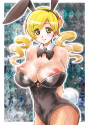Rule 34 | 10s, 1girl, animal ears, arms behind back, bad id, bad pixiv id, bare shoulders, blonde hair, blush, bow, bowtie, breasts, covered erect nipples, curvy, detached collar, drill hair, fake animal ears, fishnet pantyhose, fishnets, huge breasts, large breasts, leotard, long hair, mahou shoujo madoka magica, mahou shoujo madoka magica (anime), nipple slip, nipples, pantyhose, perepere-kun, playboy bunny, rabbit ears, rabbit tail, smile, solo, tail, tomoe mami, twin drills, twintails, yellow eyes