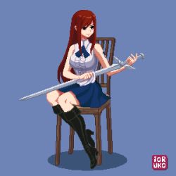 Rule 34 | animated, animated gif, blouse, boots, chair, cleaning, erza scarlet, fairy tail, ioruko, long hair, pixel art, red hair, shirt, sitting, solo, sword, weapon, wind