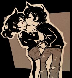 Rule 34 | 1boy, 1girl, andrew graves, ashley graves, black hair, black shirt, black sweater, closed eyes, kiss, kissing nose, nemlei, official art, pants, pink eyes, ponytail, shirt, shorts, siblings, surprised, sweater, the coffin of andy and leyley, torn clothes, torn pants