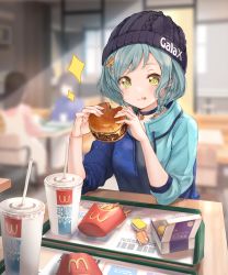 Rule 34 | 3girls, absurdres, aqua hair, aqua jacket, bang dream!, beanie, blue jacket, blue shirt, blurry, blurry background, brand name imitation, burger, chair, chicken nuggets, closed mouth, commentary request, cup, drinking straw, eating, food, french fries, hair ornament, hat, highres, hikawa hina, holding, holding food, indoors, jacket, looking at viewer, mcdonald&#039;s, multicolored jacket, multiple girls, nogi momoko, overall skirt, pink shirt, restaurant, sauce, shirt, sitting, sleeves rolled up, solo focus, sparkle, star (symbol), star hair ornament, sunlight, table, tray, two-tone jacket, yellow eyes
