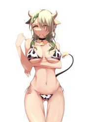 Rule 34 | 1girl, absurdres, animal ears, animal print, arm under breasts, bell, bikini, bikini in mouth, black choker, braid, breasts, ceres fauna, choker, closed mouth, clothes in mouth, collarbone, cow ears, cow horns, cow print, cow print bikini, cow tail, cowbell, flower, gluteal fold, green hair, hair flower, hair ornament, hand up, highres, hololive, hololive english, horns, large breasts, long hair, looking at viewer, mole, mole under eye, mouth hold, navel, neck bell, print bikini, renmuramasa, side-tie bikini bottom, solo, stomach, swimsuit, tail, thighs, transparent background, underboob, virtual youtuber, wavy hair, white flower, yellow eyes