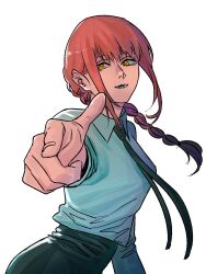 Rule 34 | 1girl, bithmath, black necktie, black pants, braid, braided ponytail, chainsaw man, collared shirt, highres, looking at viewer, makima (chainsaw man), medium hair, necktie, pants, parted lips, pointing, pointing at viewer, red hair, ringed eyes, shirt, shirt tucked in, sidelocks, simple background, solo, white background, white shirt, yellow eyes